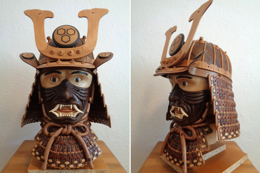 
				Der Kopf des Samurai mit Helm und Maske.

			