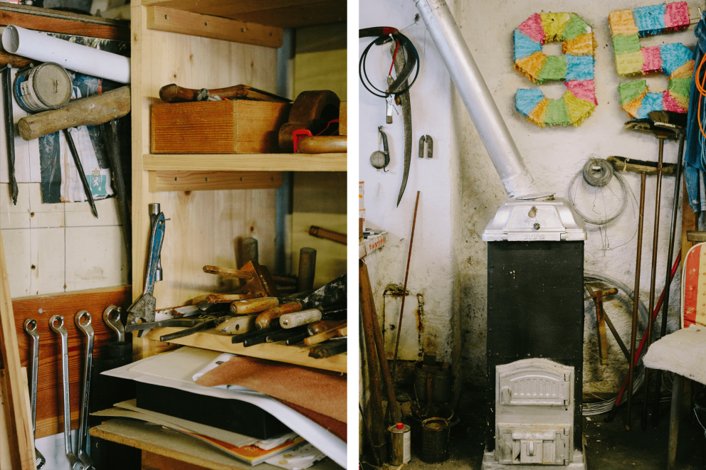 
				Werkstattszenen: Schrank mit Werkzeugen und Schleifpapier und ein alter Ofen.

			