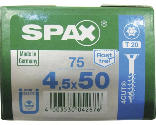 Spax Universalschraube, Edelstahl A2, Senkkopf T 20, Holz-Teilgewinde, 4,5x50 mm, 75 Stück
