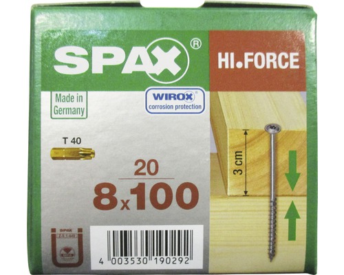Spax Holzbauschraube Hi.Force, Tellerkopf T 40, Holz-Vollgewinde, 8x100 mm, 20 Stück
