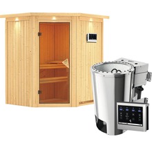 Plug & Play Sauna Karibu Monja Sparset inkl. 3,6 kW Bio Ofen u.ext.Streuerung mit Dachkranz und bronzierter Ganzglastüre-thumb-2
