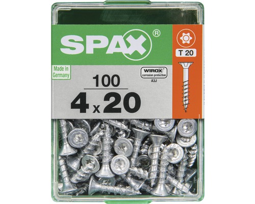 Spax Universalschraube Senkkopf Stahl gehärtet T 20, Holz-Vollgewinde 4x20 mm, 100 Stück