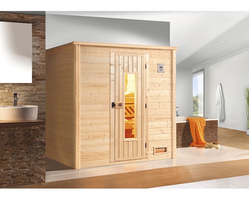 Massivholzsauna Weka Bergen HT Gr.3 inkl. 7,5 kW Ofen u.digitaler Steuerung mit Holztüre und Isolierglas wärmegedämmt