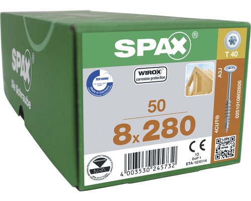 Spax Holzschraube Wirox Tellerkopf T40 Holz-Teilgewinde 8x280mm, Box 50 Stück