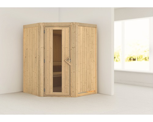 Plug & Play Sauna Karibu Kanja ohne Ofen und Dachkranz mit Holztüre und Isolierglas wärmegedämmt