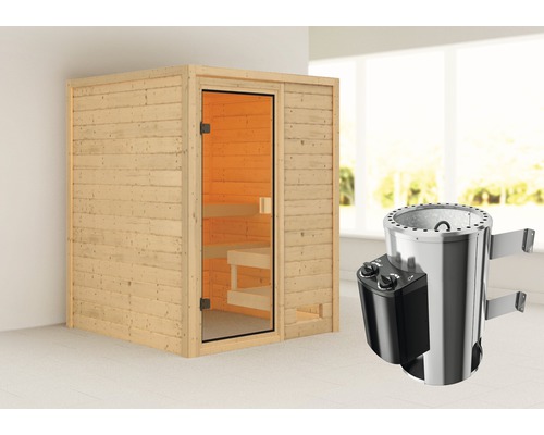 Plug & Play Sauna Woodfeeling Sandra inkl.3,6 kW Ofen u.integr.Steuerung ohne Dachkranz mit bronzierter Ganzglastüre