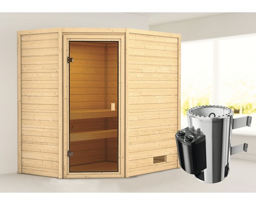 Plug & Play Sauna Karibu Jella inkl.3,6 kW Ofen u.integr.Steuerung ohne Dachkranz mit bronzierter Ganzglastüre