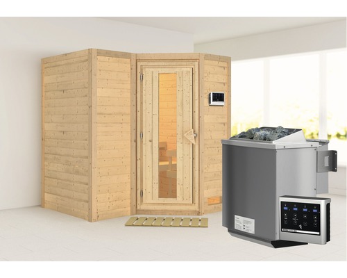 Massivholzsauna Karibu Melanit 1 inkl.9 kW Bio Ofen u.ext.Steuerung ohne Dachkranz mit Holztüre und Isolierglas wärmegedämmt