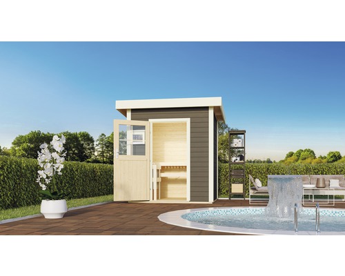 Saunahaus Woodfeeling Turmalin 1 inkl.9kW Ofen u.ext.Steuerung ohne Vorraum und Fenster mit Holztüre und Isolierglas wärmegedämmt anthrazit/weiß