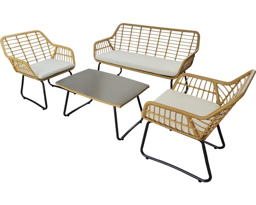 Bistroset Gartenmöbelset Garden Place Ally 4 -Sitzer bestehend aus: Tisch, 2 Sessel, Bank und Auflagen Rattan Stahl braun sonnengelb