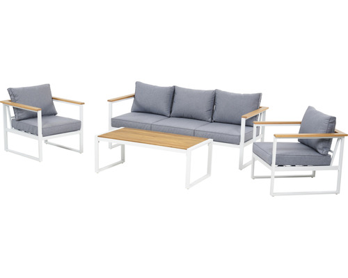 Gartenmöbel Set Lina 5-Sitzer bestehend aus: Bank, Tisch, 2 Sessel Alu Holzoptik weiß
