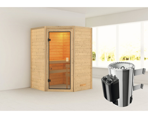 Plug & Play Sauna Karibu Antonia inkl.3,6kW Ofen u.intergr.Steuerung ohne Dachkranz mit bronzierter Ganzglastüre