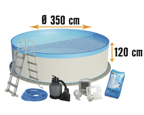 Aufstellpool Stahlwandpool-Set Planet Pool rund Ø 350x120 cm inkl. Sandfilteranlage, Leiter, Einbauskimmer, Filtersand & Anschlussschlauch weiß mit Overlap-Folie blau