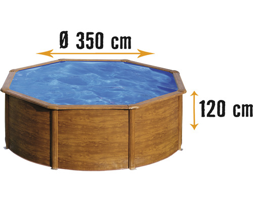 Aufstellpool Stahlwandpool-Set Planet Pool rund Ø 350x120 cm inkl. Sandfilteranlage, Einbauskimmer, Leiter, Filtersand & Anschlussschlauch Holzoptik