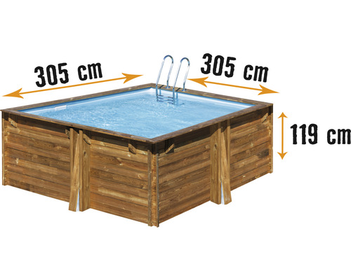 Aufstellpool Holzpool-Set Gre quadratisch 305x305x119 cm inkl. Sandfilteranlage, Skimmer, Leiter, Filtersand & Bodenschutzvlies Holz