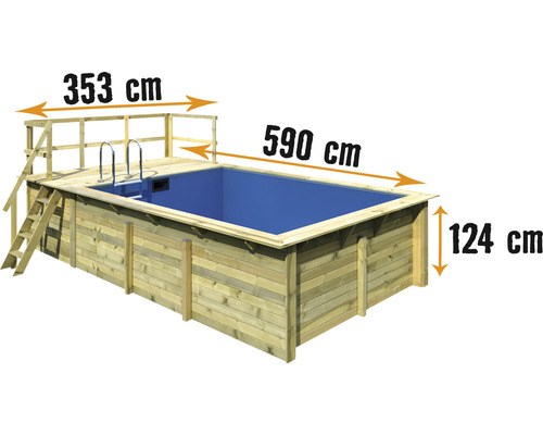 Aufstellpool Holzpool-Set Karibu Grösse 2 rechteckig 582x353x124 cm inkl. Bodenschutzvlies, Innenauskleidung mit Keilbiese & Leiter mit Plattform