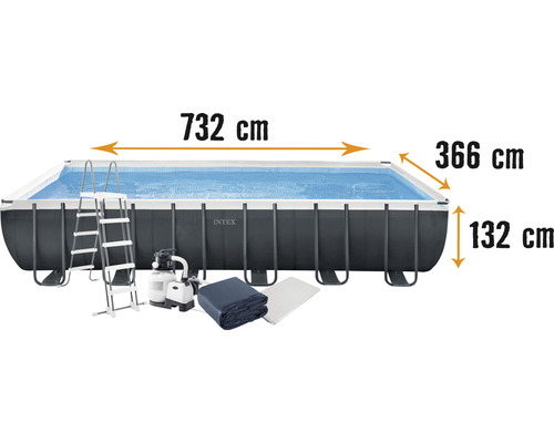 Aufstellpool Framepool-Set Intex Ultra Quadra XTR eckig 732x366x132 cm inkl. Sandfilteranlage, Leiter, Abdeckplane, Bodenschutzvlies & Anschlussschlauch grau