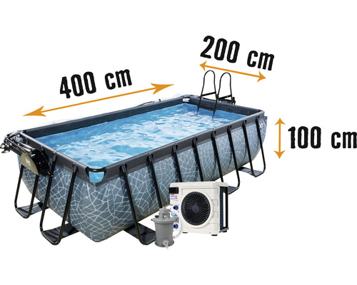 Aufstellpool Framepool-Set EXIT Stone Pool rechteckig 400x200x100 cm inkl. Sandfilteranlage, Abdeckung, Wärmepumpe & Leiter Steinoptik
