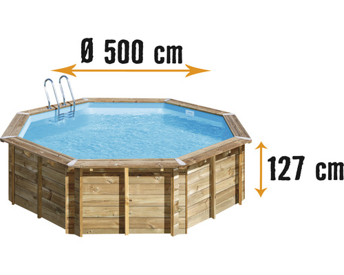 Aufstellpool Holzpool-Set Gre rund Ø 500x127 cm inkl. Sandfilteranlage, Skimmer, Leiter, Filtersand & Bodenschutzvlies Holz