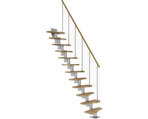 Pertura Mittelholmtreppe Vaia perlgrau variabel 64 cm mit Geländer 11 Stufen/12 Steigungen Eiche lackiert