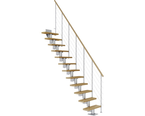 Pertura Mittelholmtreppe Spiros perlgrau gerade 65 cm 11 Stufen/12 Steigungen Eiche lackiert inkl. einseitigem Geländer mit mitlaufenden Edelstahlstäben-0