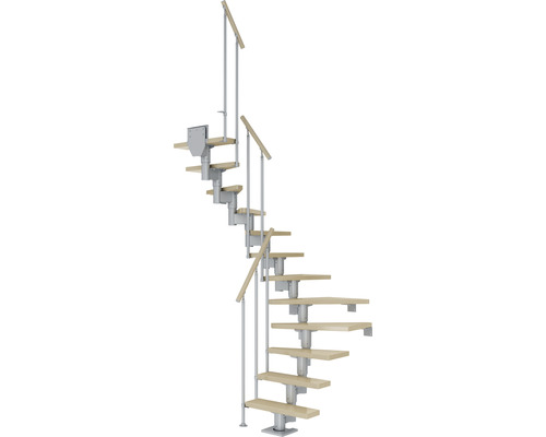 Pertura Mittelholmtreppe Spiros perlgrau 1/2 gewendelt 75 cm 11 Stufen/12 Steigungen Ahorn lackiert inkl. einseitigem Geländer mit senkrechten Geländerstäben