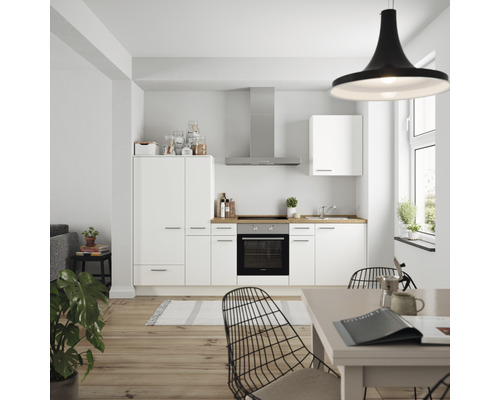 Küchenzeile Nobilia Elements Urban weiß matt 270 cm Arbeitsplatte Eiche inkl. Einbaugeräte L3 L E 198-0
