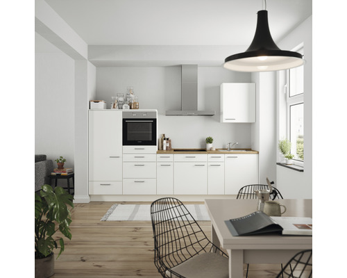 Küchenzeile Nobilia Elements Urban weiß matt 300 cm Arbeitsplatte Eiche L4 L O 198-0