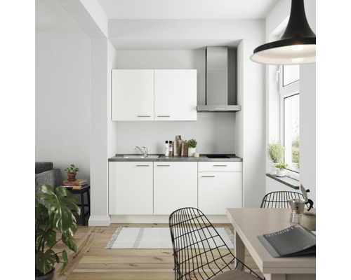 Küchenzeile Nobilia Elements Urban weiß matt 180 cm Arbeitsplatte Beton Schiefer Dunkelgrau inkl. Einbaugeräte L1 R E 354-0