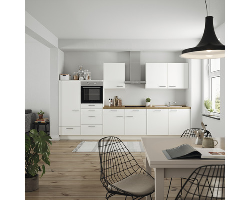 Küchenzeile Nobilia Elements Urban weiß matt 360 cm Arbeitsplatte Eiche inkl. Einbaugeräte L12 L E 198-0