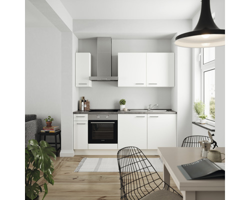 Küchenzeile Nobilia Elements Urban weiß matt 210 cm Arbeitsplatte Beton Schiefer Dunkelgrau inkl. Einbaugeräte L5 L E 354