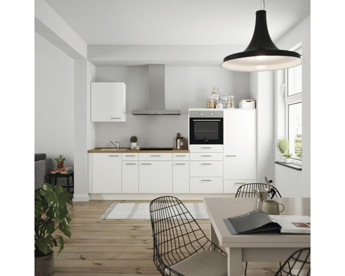 Küchenzeile Nobilia Elements Urban weiß matt 300 cm Arbeitsplatte Eiche L4 R O 198-0