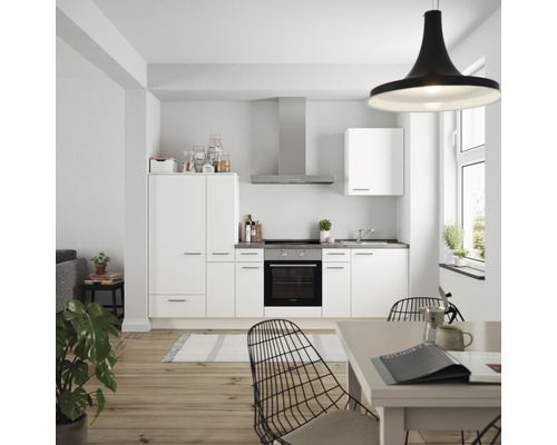 Küchenzeile Nobilia Elements Urban weiß matt 270 cm Arbeitsplatte Beton Schiefer Dunkelgrau inkl. Einbaugeräte L3 L E 354-0