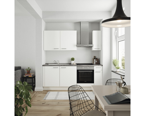 Küchenzeile Nobilia Elements Urban weiß matt 210 cm Arbeitsplatte Beton Schiefer Dunkelgrau inkl. Einbaugeräte L5 R E 354-0