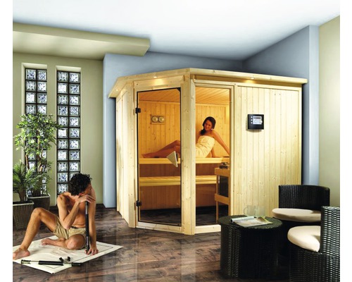 Elementsauna Karibu Sparset Siona 3 inkl. 9 kW Bio Ofen u.ext.Steuerung mit Dachkranz und bronzierter Ganzglastür