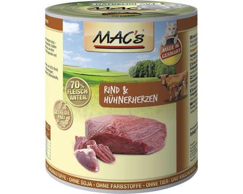 Katzenfutter nass MAC's Rind und Hühnerherzen 800 g