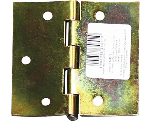 Scharnier quadratisch mit vernietetem Messingstift, 82 x 82 mm, Galv. gelb verzinkt