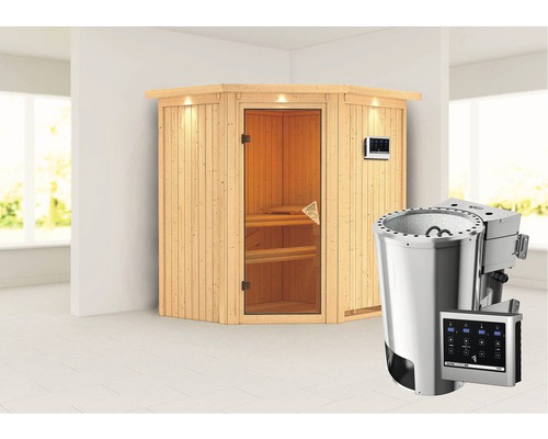 Plug & Play Sauna Karibu Monja Sparset inkl. 3,6 kW Bio Ofen u.ext.Streuerung mit Dachkranz und bronzierter Ganzglastüre-0