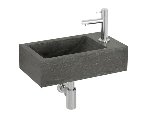 Handwaschbecken-Set aus Naturstein Tarn rechteck inkl. Standventil und Siphon 40x24 cm grau chrom